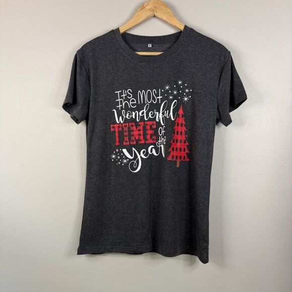 Christmas Graphic T-Shirt Charcoal Gray With Red Plaid Tree Print Size S - Picture 1 of 9